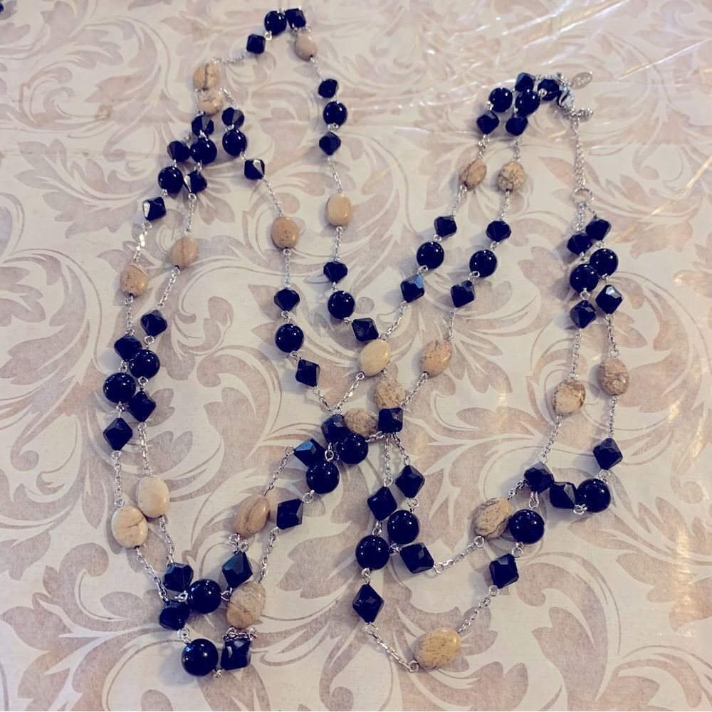 Lia Sophia 2 Strand Mixed Media Unakite Jasper Black Glass Beads Necklace 44”